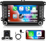 Podofo 2+64G Car Radio for VW Golf 5 6 Polo Seat Skoda with Wireless Carplay Android Car, 7 Inch Android 13 Car Radio with Screen, Bluetooth, WiFi, GPS, RDS + Reversing Camera & Microphone
