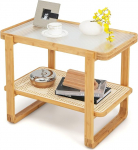 LIFEZEAL bambusest kohvilaud, klaasist lauaplaadi ja 2-tasandilise riiuliga k&uuml;ljelaud, ristk&uuml;likukujuline diivanilaud elutuppa, kontorisse, r&otilde;dule, 70,5 x 44,5 x 54,5 cm, naturaalsena