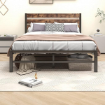 HOMERECOMMEND Double Bed Frame with Rustic Wooden Headboard and Footboard, Heavy Duty Metal Platform, Bed Frame, Solid and Sturdy, Strong Metal Slats Support, Easy Assembly, Black and Brown