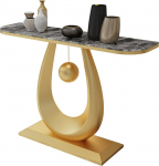 Schmaler Konsolentisch mit Rockboard-Platte und Eisengestell, stilvoller Eingangstisch mit abgerundeten Kanten, geschwungenen Seiten und goldenen Akzenten f&uuml;r Foyer und Flur, 120 x 30 x 80 c