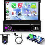 4+64G Android 15 Autoradio 1 DIN traadita Carplay Android autoga, 7-tolline IPS HD k&auml;sitsi klappitav puuteekraaniga autoraadio, tugi Bluetooth FM RDS GPS Wi-Fi 2USB tagurduskaamera