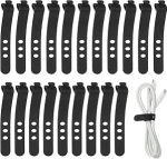 hankekaart Silikon-Kabelbinder, 3 L&ouml;cher, wiederverwendbar, Gummikordel mit Verschlussschnalle, Mehrzweck-Kabelband f&uuml;r Zuhause, B&uuml;ro, Reisen, Schwarz, 20 St&uuml;ck