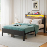 FOUBAM Double Bed Frame with LED Lights and Charging Station, Heavy Duty Metal Bed with Fabric Headboard, Solid and Sturdy, Metal Slat Support, Mattress Base (Black)