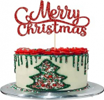 Gyufise 1 Pack Merry Christmas Cake Topper Red Glitter Xmas Holiday Cake Decorations for Winter Christmas Santa Happy New Year Party Supplies Decoration