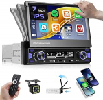 Hikity 1 DIN autoraadio 7-tollise IPS k&auml;sitsi sisset&otilde;mmatava puuteekraaniga Traadita Carplay Android auto FM AM raadio USB Type-C AUX IN MIC EQ SWC Bluetooth autoraadio tagurduskaamera Mirror Link