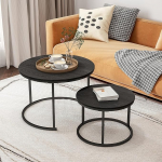 HOJINLINERO Round Coffee Table, Set of 2 Side Tables for Living Room, Black Coffee Table, Nesting Tables, Living Room Table, Wood Accent Furniture, Metal Frame, Sturdy Stackable Side Tables, Simple