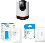 TP-Link Tapo 360&deg; Indoor Surveillance Camera + Contact Sensor (Tapo C225 + Tapo H100 + Tapo T110). Camera rotates around contact sensor, offers you real-time streaming as soon as the sensor notices