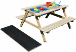 Relaxdays Laste puidust 3-in-1 m&auml;ngulaud Mud k&ouml;&ouml;gi ja piknikulaud tahvliga K x S x M 48,5 x 89 x 85 cm Looduslik