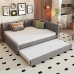 Generisch TOBIDOEN polsterdatud diivanvoodi 140 x 200 cm koos trundle voodiga, diivanvoodi lamelliraamiga, pea- ja seljatoega, L-kujuline diivan magamisfunktsiooniga, p&auml;evavoodi sametkangast, C (Hall)