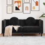 2-Sitzer Diivan Samt Schwarz Modern mit runden Kissen, bequemes Wohnzimmer Sofa f&uuml;r Entspannung und G&auml;ste, komfortabel mit hoher Tragkraft