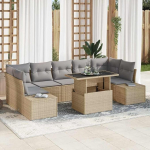 Outdoor Sofagarnitur 8-teilig Poly Rattan 8-teiliges Sofa Set mit Kissen Beige Hellgrau Garten Sofa Set mit Glas Tisch Beige Hellgrau Gartenm&ouml;bel 8 St&uuml;ck