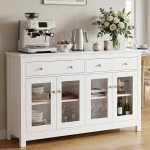 Sideboard, k&ouml;&ouml;gikapp t&ouml;&ouml;tasapinnaga, k&ouml;&ouml;gikapp 4 klaasukse, 2 sahtlit, reguleeritavad riiulid ja kallutusvastane komplekt, k&ouml;&ouml;ki, elutuppa, s&ouml;&ouml;gituppa, buffetkapp, 140 x 90 x 40 cm, valge