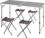 AKTIVE 63161 Alumiiniumist kokkupandav laud koos 4 terastooliga, k&otilde;rgus reguleeritav 60-70 cm, pind 120 x 60 cm, hall viimistlus, kaasaskantav disain k&auml;epidemega telkimiseks, rannale ja aeda.