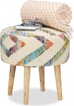 Relaxdays Vintage Retro Footstool Hand-Woven, Upholstered, Ottoman with Fabric Cover, Round Pouf, Solid Mango Wood Legs, HxDia 44.5x42 cm