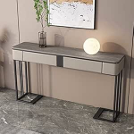 Konsolentische f&uuml;r Flur, schmale Ablage hinter dem Sofa, Eingangsbereich, Marmor-Spiegelvitrine, moderner Eingangstisch, moderner grauer Konsolentisch mit Ablagef&auml;chern, 2 Schubladen, schmal