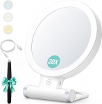 B Beauty Planet Magnifying Mirror with Light, 20x / 1x Double-Sided Table Mirror, 3 Colour Lights, Dimmable Makeup Mirror, Travel Cosmetic Mirror with Lighting, White