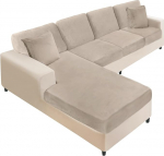 NAISI Sofabez&uuml;ge aus Samt, L-Form, weich, Stretch-Sofabez&uuml;ge mit 2 Kissenbez&uuml;gen f&uuml;r links/rechts Chaiselongue (3-Sitzer + 1 Chaise+4 R&uuml;ckenlehne, Taupe), 8 St&uuml;ck