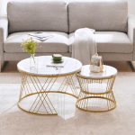 Merax Modernne pesitsev kohvilaud 2-st komplektist, k&otilde;rgl&auml;ikega marmorvineerist, &uuml;mmargused kohvilaudad kuldsete metalljalgadega, valge, ideaalne elutuppa ja v&auml;ikestesse ruumidesse