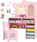 DREAMADE 2-in-1 laste riietuslaua komplekt koos tooliga, 3-v&auml;rviline valgustatud peegel, kapp, avatud riiulid ja sahtlid, kosmeetikalaud, riietuslaud lastele alates 3-aastastele (roosa)