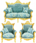 Casa-Padrino Baroque Living Set Master Turquoise Blue mustriga samet/kuldne - 2-kohaline diivan + 2 tugitooli - Limited Edition!