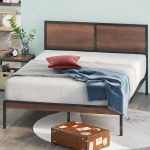 Zinus Mory Bed 140 x 200 cm - Height 30 cm - Metal and Wood Platform Bed Frame with Split Headboard and Wooden Slatted Frame - Brown