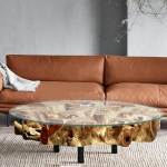 Naga Design Root Wood kohvilaud, 100 cm klaasplaat, k&auml;sit&ouml;&ouml;na valmistatud, tahke teakpuu juur, elutoa laud