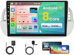 8 Core 4 + 64 GB autoraadio Fiat 500 2007-2015 raadioautole, traadita Carplay, 9-tolline kaasaskantav puuteekraan Android autoga, GPS, Bluetooth, WiFi, 32EQ DSP, 59 UI, FM, RDS