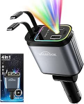 WHATOOK sisset&otilde;mmatav autolaadija USB: 4 in 1 66W mobiiltelefoni kiirlaadija autolaadija sigaretis&uuml;&uuml;taja koos Starry Sky LED, USB C laadimiskaabel iPhone'ile, Samsung Galaxy, Google Pixel'ile, tahvelarvutitele