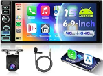 4G + 64G Android 15 autoraadio 1 DIN traadita Carplay Android auto, 6,9-tolline HD IPS puuteekraaniga autoraadio toetus Bluetooth 5.0 FM RDS raadio GPS Wi-Fi Mirror Link USB / C-t&uuml;&uuml;pi kaamera