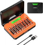 Akulaadija 8 pesa - 4 x AA 2400 mAh & 4 x AAA 1100 mAh NI-MH laetav, kiirlaadimine C-t&uuml;&uuml;pi kaabliga, m&auml;nguasjadele, RC-autodele ja elektroonikaseadmetele.