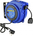 Goodyear Verl&auml;ngerungskabeltrommel, einziehbar, 15 m x 3 G1,5 mm&sup2;, H07RN-F UK-Stecker, 1000 W/2000 W, automaatselt einziehbar, professionaalne DIY-Wandmontage