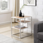 URBNLIVING 3 Tier Metal and Wood Side Table Bedside Table Furniture Living Room Bedroom Unit (White Frame and Coastal Oak Wood)