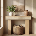 Konsolentisch mit 2 Rattanschubladen, 114 cm Holz Beistelltisch mit Stauraum, Sofatisch f&uuml;r Wohnzimmer, Moderner Eingangstisch f&uuml;r Flur, Diele & Wohnbereich