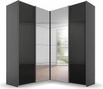 Rauch M&ouml;bel Quadra nurgakapp, l&uuml;kanduksega riidekapp, hall metalne k&otilde;rgl&auml;ikega efektiga hall, must, 4 ust, peegliga, sisaldab 2 riidekappi ja 12 riiulit, 181 x 229 x 187 cm (B x K x S)