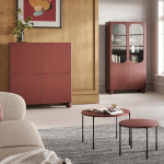Lomadox Wohnzimmer Set Wohnzimmerm&ouml;bel in rot matt 4-teilig mit Highboard, Vitrinenschrank, 2 Beistelltische, Kugelf&uuml;&szlig;e, grifflos Push-to-Open
