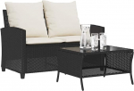 Gartensofa 2-Sitzer mit Kissen und Tisch Schwarz Poly Rattan und Glas Tischplatte als Garten Sitzgruppe mit Stahlrahmen