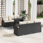 Outdoor-Sofa-Set 7-teilig schwarz Poly Rattan Gartenm&ouml;bel-Set 7 St&uuml;cke mit Kissen und Glasplatte f&uuml;r Terrasse