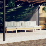 Modulares 4-Sitzer Terrassensofa aus Massivholz Kiefer mit cremefarbenen Kissen als Garten Lounge Set