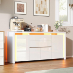 K&ouml;&ouml;gikabineti hoiukapp Sideboard Madal hoium&ouml;&ouml;bel koos LED reguleeritava k&ouml;&ouml;gi l&auml;ikega, 2 sahtlit ja 4 ust elutuppa s&ouml;&ouml;gituppa (valge, C, 160 x 35 x 75 cm)