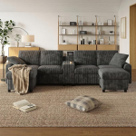 BTM Corduroy U-kujuline nurgadiivan, 2 jalatooli hoiufunktsiooniga, kohvilaud, 2 joogihoidjat, 1 USB port, 2 pistikupesa, 2 Type-C pesa; Diivan 4-kohaline, Hall, B 315 x K 81 x T 135 cm.