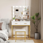 Lifewit garderoobilaud koos peegliga, LED-valgustus, reguleeritav heledus, garderoobilaud 2 sahtliga, 2 avatud kambriga ja tugitooliga, garderoobilaud Makeup Vanity magamistuppa, vannituppa, tualettruumi jaoks