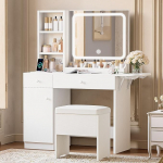 IRONCK Dressing Table with LED Mirror and Charging Station, Cosmetic Table with Stool, 2 Drawers and Storage Cabinet, Dimmable Lighting (3 Colour Modes), for Bedroom, Modern White