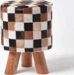 Homescapes Tall Round Decorative Footstool in Brown, Cream and Tan Check Leather Foam Filled with Wooden Legs