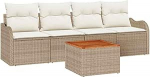 5-teiliges Garten Sofa Set mit Kissen Beige Poly Rattan Akazie, 2-Sitzer Garten Sofa mit Kissen Beige Poly Rattan Gartenlounge Model3347386
