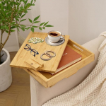 Sofa Armrest Tray Flexible Wooden Bamboo Drink Holder Armrest, Two-Tier Clip On Tray Sofa Table with 360&deg; Rotating Table Top and Mobile Phone Holder for Snacks, Mobile Phones, Controllers