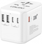 LENCENT universaalne reisimisadapter GaN III 30W, rahvusvaheline adapter 2 USB-A ja 3 USB-C PD kiirlaadimispordiga, &uuml;lemaailmne reisipistiku adapter A/C/G/I t&uuml;&uuml;pi pistikupesadele, USA/UK/EL/EL/AUSA pistikupesad, valge