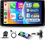 8 Core 4G + 64G Android 15 autoraadio 1 DIN traadita Carplay Android autoga, 9-tolline p&ouml;&ouml;ratav HD puuteekraaniga autoraadio Bluetooth FM RDS raadio GPS Wi-Fi Link peegel USB tagurduskaameraga