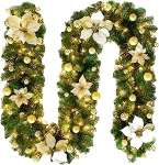 Weihnachtsgirlande mit Lichtern - langer Weihnachtskranz aus Kiefernholz, Dekoration mit 140 Spitzen f&uuml;r drinnen und drau&szlig;en, festliche Dekoration f&uuml;r Kamin oder Treppe (Gold)