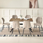 JIJIAN S&ouml;&ouml;gitoa komplektid tumepruunist puidust s&ouml;&ouml;gilaud ja 6 pruunist tooli, ristk&uuml;likukujuline s&ouml;&ouml;gilaud 140 x 80 x 76 cm koos 6 ergonoomilise disainiga linasest s&ouml;&ouml;gitooliga s&ouml;&ouml;gituppa, k&ouml;&ouml;ki.