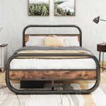 HOMERECOMMEND Metallist voodi 120 x 200 cm, metallist ja puidust voodiraam koos liistudega, voodiraam 120 x 200 cm koos peaplaadiga, ovaalne platvormvoodi koos voodi all oleva hoiuruumiga, pruun